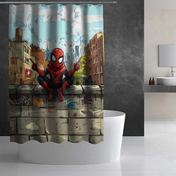 Шторка для душа Маленький человек-паук в городе, цвет: 3D-принт — фото 2