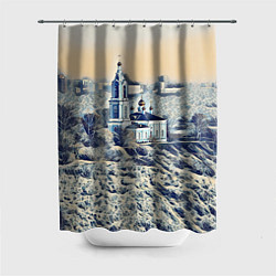 Шторка для душа Храм на фоне современного города, цвет: 3D-принт