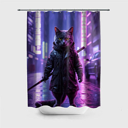 Шторка для душа Котик с катаной, цвет: 3D-принт