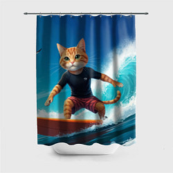 Шторка для душа Кот серфер на волне, цвет: 3D-принт