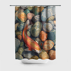 Шторка для душа Акварельный Кои карп и камушки галька, цвет: 3D-принт