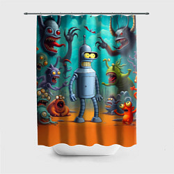 Шторка для душа Робот-сгибальщик Бендер в окружении монстров, цвет: 3D-принт