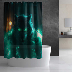Шторка для душа Волк с зелеными глазами с молниями, цвет: 3D-принт — фото 2
