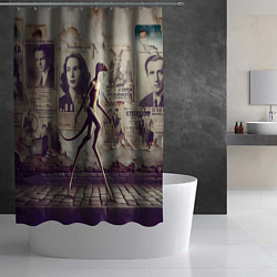 Шторка для душа Пришелец идёт вдоль стены с рваными афишами, цвет: 3D-принт — фото 2