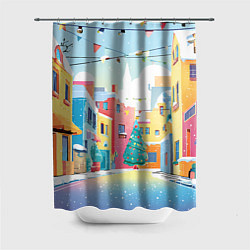 Шторка для душа Разноцветный новогодний дворик, цвет: 3D-принт