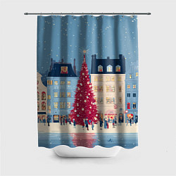 Шторка для душа Новогоднее гуляние у красной елки, цвет: 3D-принт