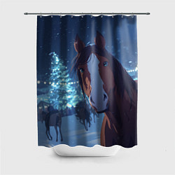 Шторка для душа Лошадь на фоне новогодней елки, цвет: 3D-принт