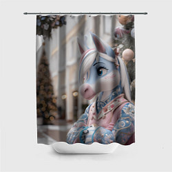 Шторка для душа Новогодняя лошадка у елки, цвет: 3D-принт