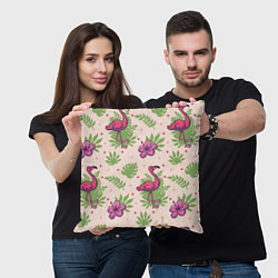 Подушка квадратная Цветочные фламинго, цвет: 3D-принт — фото 2