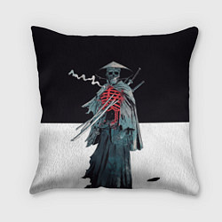 Подушка квадратная Скелет Самурай с трубкой на черно белом фоне, цвет: 3D-принт