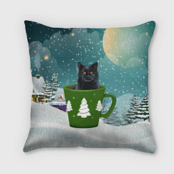 Подушка квадратная Черный кот в кружке, цвет: 3D-принт