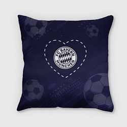 Подушка квадратная Лого Bayern в сердечке на фоне мячей, цвет: 3D-принт