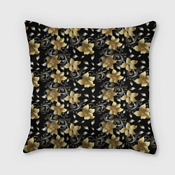 Подушка квадратная Золотые цветы на черном фоне, цвет: 3D-принт