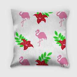 Подушка квадратная Розовый фламинго с цветами, цвет: 3D-принт