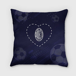 Подушка квадратная Лого AC Milan в сердечке на фоне мячей, цвет: 3D-принт
