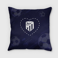 Подушка квадратная Лого Atletico Madrid в сердечке на фоне мячей, цвет: 3D-принт