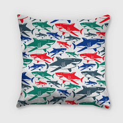 Подушка квадратная Стая разноцветных акул - паттерн, цвет: 3D-принт