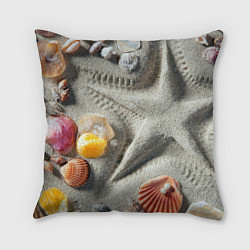 Подушка квадратная Звезда из песка, ракушки и две жемчужины, цвет: 3D-принт