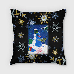 Подушка квадратная Новый год снеговик и птицы, цвет: 3D-принт
