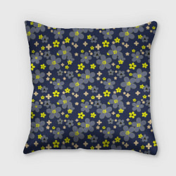 Подушка квадратная Лимонного цвета цветы на серо-синем фоне, цвет: 3D-принт