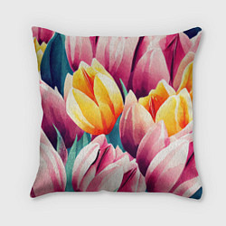 Подушка квадратная Букет акварельных тюльпанов, цвет: 3D-принт