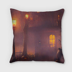 Подушка квадратная Викторианский дом и старые фонари с тыквами в пурп, цвет: 3D-принт