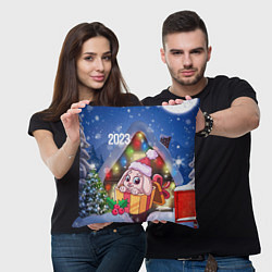 Подушка квадратная Новогодний зайчик у елочки, цвет: 3D-принт — фото 2