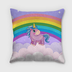 Подушка квадратная Единорог на фоне радуги, цвет: 3D-принт
