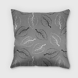 Подушка квадратная Узор из черных и белых листьев на сером фоне, цвет: 3D-принт