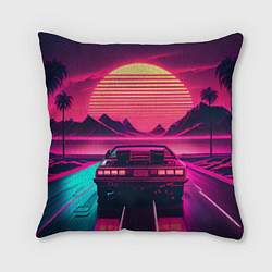 Подушка квадратная Синтвейв закат и автомобиль, цвет: 3D-принт