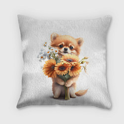 Подушка квадратная Милый щенок с подсолнухами и ромашками, цвет: 3D-принт