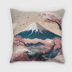 Подушка квадратная Японский пейзаж: цветение сакуры у горы Фудзияма, цвет: 3D-принт