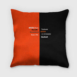 Подушка квадратная Черно-оранжевый с названиями городов, цвет: 3D-принт