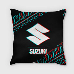 Подушка квадратная Значок Suzuki в стиле glitch на темном фоне, цвет: 3D-принт