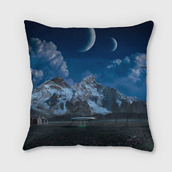 Подушка квадратная Ночные горы в природе и небо с нло, цвет: 3D-принт