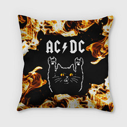 Подушка квадратная AC DC рок кот и огонь, цвет: 3D-принт