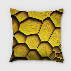 Подушка квадратная Желтые шестиугольники с трещинами - объемная текст, цвет: 3D-принт