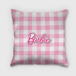 Подушка квадратная Барби лого розовая клетка, цвет: 3D-принт