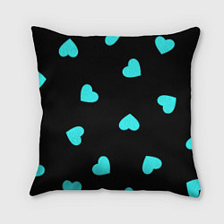 Подушка квадратная С голубыми сердечками на черном, цвет: 3D-принт