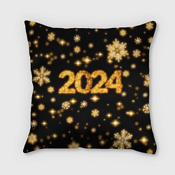 Подушка квадратная Новый 2024 год - золотые снежинки, цвет: 3D-принт