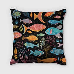 Подушка квадратная Фолк-арт рыбовы, цвет: 3D-принт