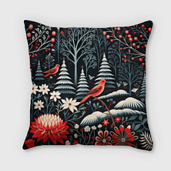 Подушка квадратная Новогодний лес и птицы, цвет: 3D-принт