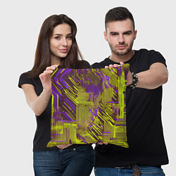Подушка квадратная Киберпанк линии фиолетовые и жёлтые, цвет: 3D-принт — фото 2