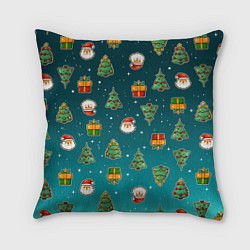Подушка квадратная Подарки новогодние елки и Санта - паттерн градиент, цвет: 3D-принт