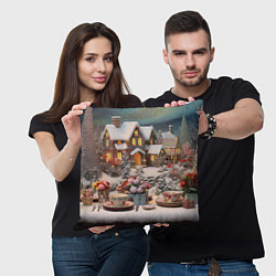 Подушка квадратная Объемные новогодние домики, цвет: 3D-принт — фото 2