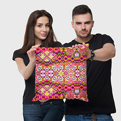 Подушка квадратная Розовый орнамент имитация ткань икат, цвет: 3D-принт — фото 2