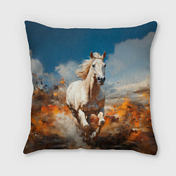 Подушка квадратная Белая лошадь скачет в поле, цвет: 3D-принт