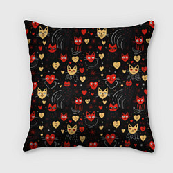 Подушка квадратная Паттерн с сердечками и котами валентинка, цвет: 3D-принт