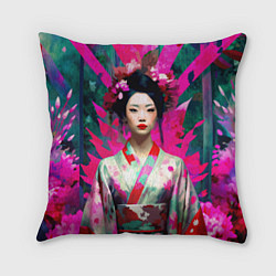 Подушка квадратная Сад сакуры - гейша в традиционном японском кимоно, цвет: 3D-принт