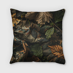 Подушка квадратная Реалистичный охотничий камуфляж из ткани и листьев, цвет: 3D-принт